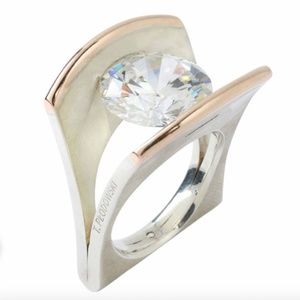 Tomasz Plodowski Sterling 925+14 K yellow gold modernist tension ring SZ 7.5